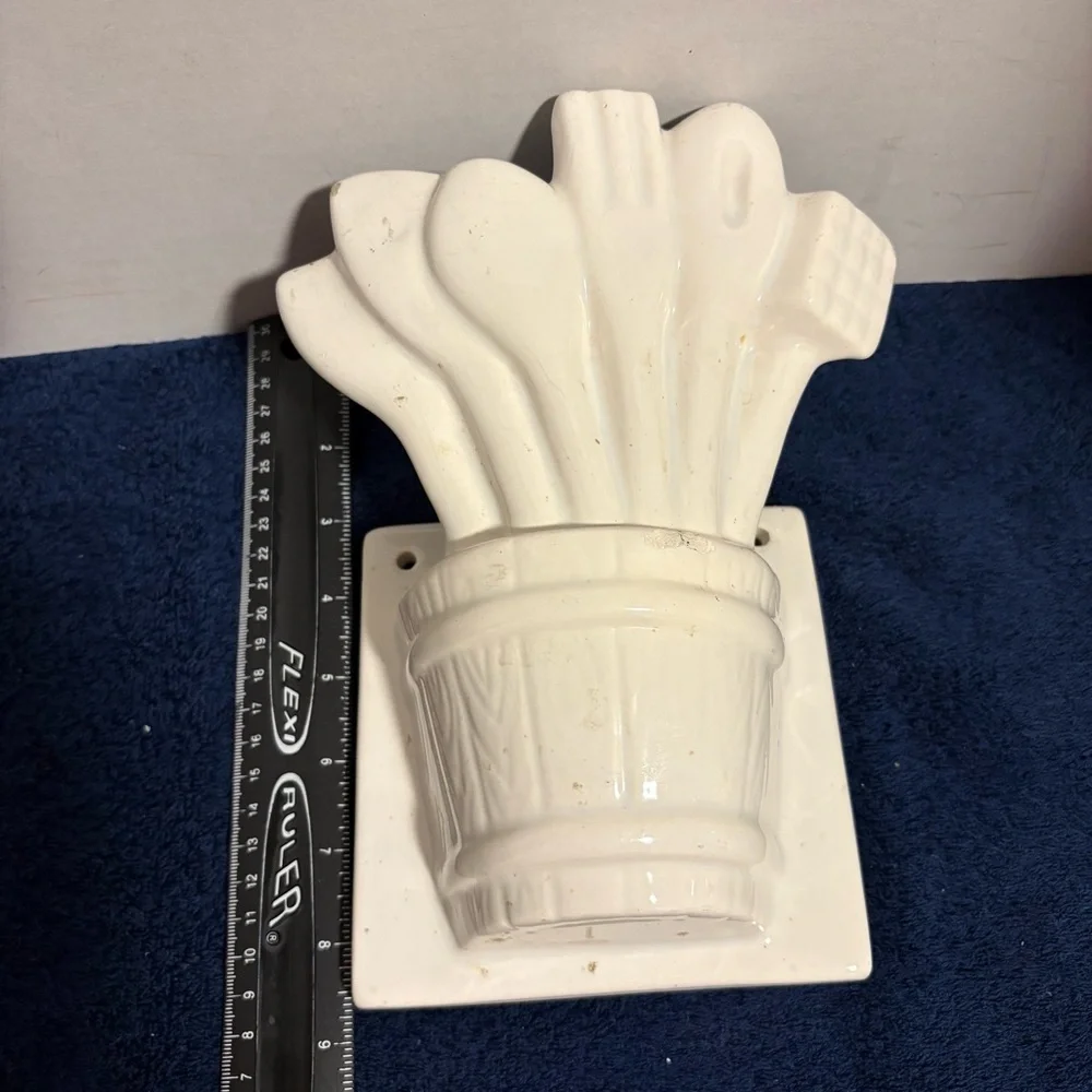 Vintage MCM 9” White Ceramic Wall Hanging - Kitchen Utensils - Retro Decor Art
